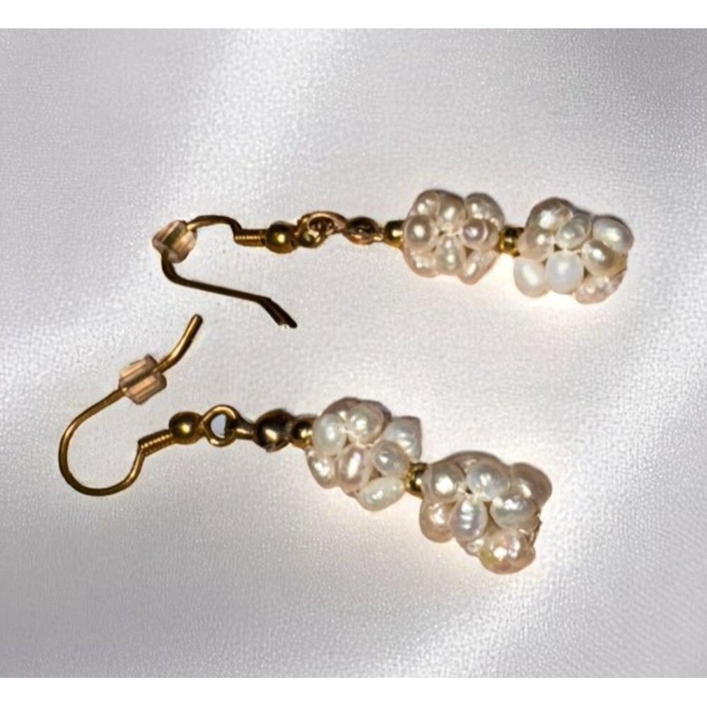 Handmade Dangling Earrings With Faux Pearls & Gold Beads - Picture 6 of 14